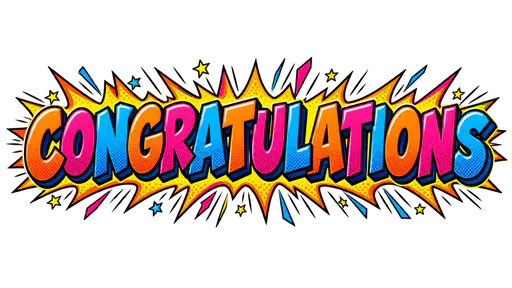 The word CONGRATULATIONS in bold comic-book capital letters in orange, magenta and blue with thick black outlines, halftone shading and a jagged burst outline, on a transparent background.