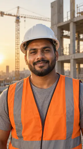 A broad strong man in his early thirties with brown skin, a short black beard and a relaxed smile, in a white hard hat and an orange high-visibility vest over a grey t-shirt, with a half-built concrete frame and a crane behind him in warm low sun.