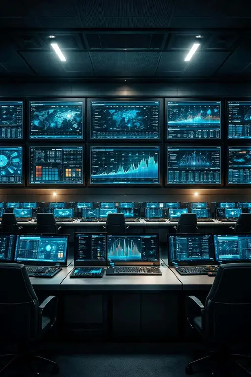 Wide control room interior photographed as a cinematic interior scene with multiple illuminated dashboards across the rear wall, framed for a 2:3 poster-cover composition.