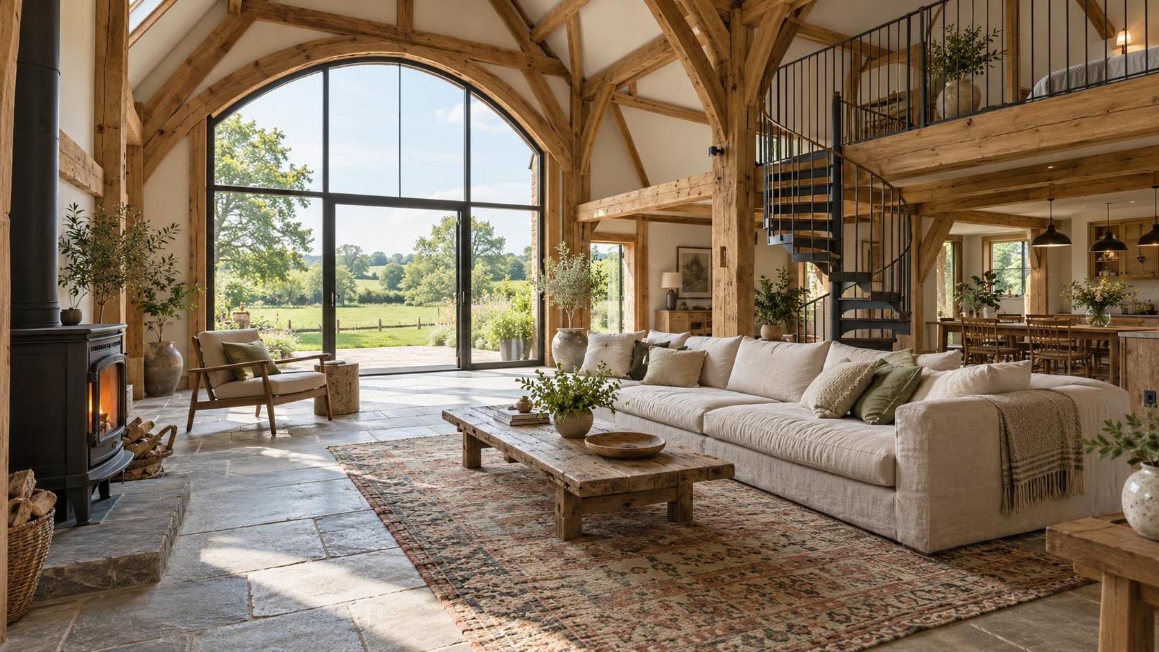 A converted timber barn living space with exposed oak trusses, a glazed arched hayloft door onto a paddock, a linen sofa, a cast iron stove and a spiral steel stair.