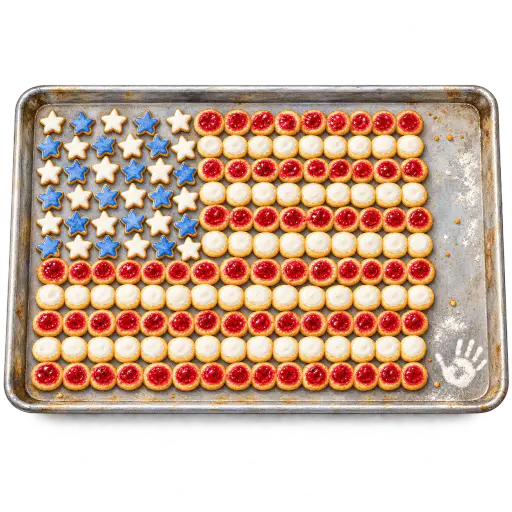 Watercolor style baking sheet holding blue star biscuits beside red stripe thumbprint cookies.