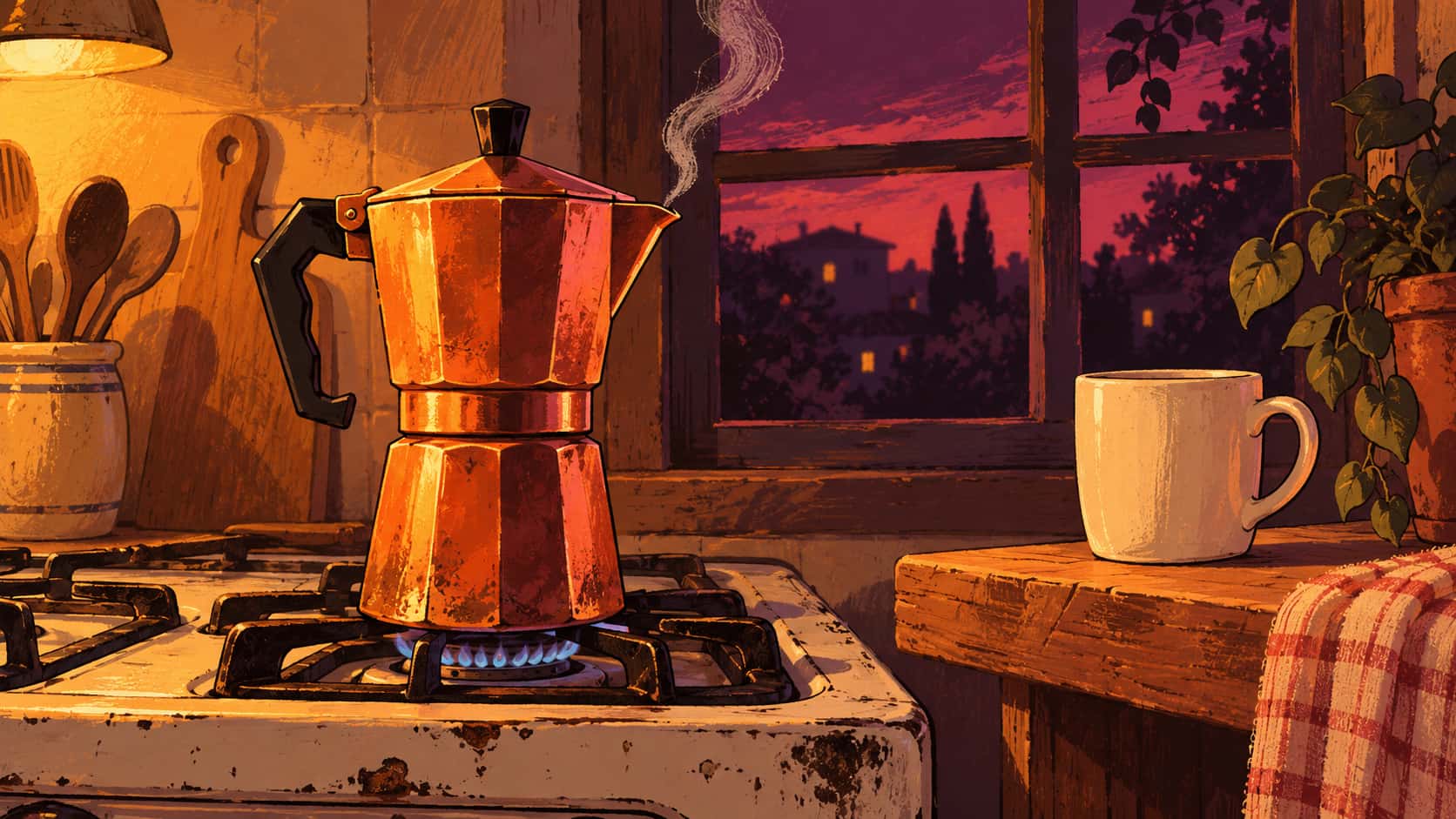A tall copper stovetop moka pot with a black handle steams on a gas ring beside a plain mug on a wooden shelf by a window in plum evening light in hand painted cartoon style.