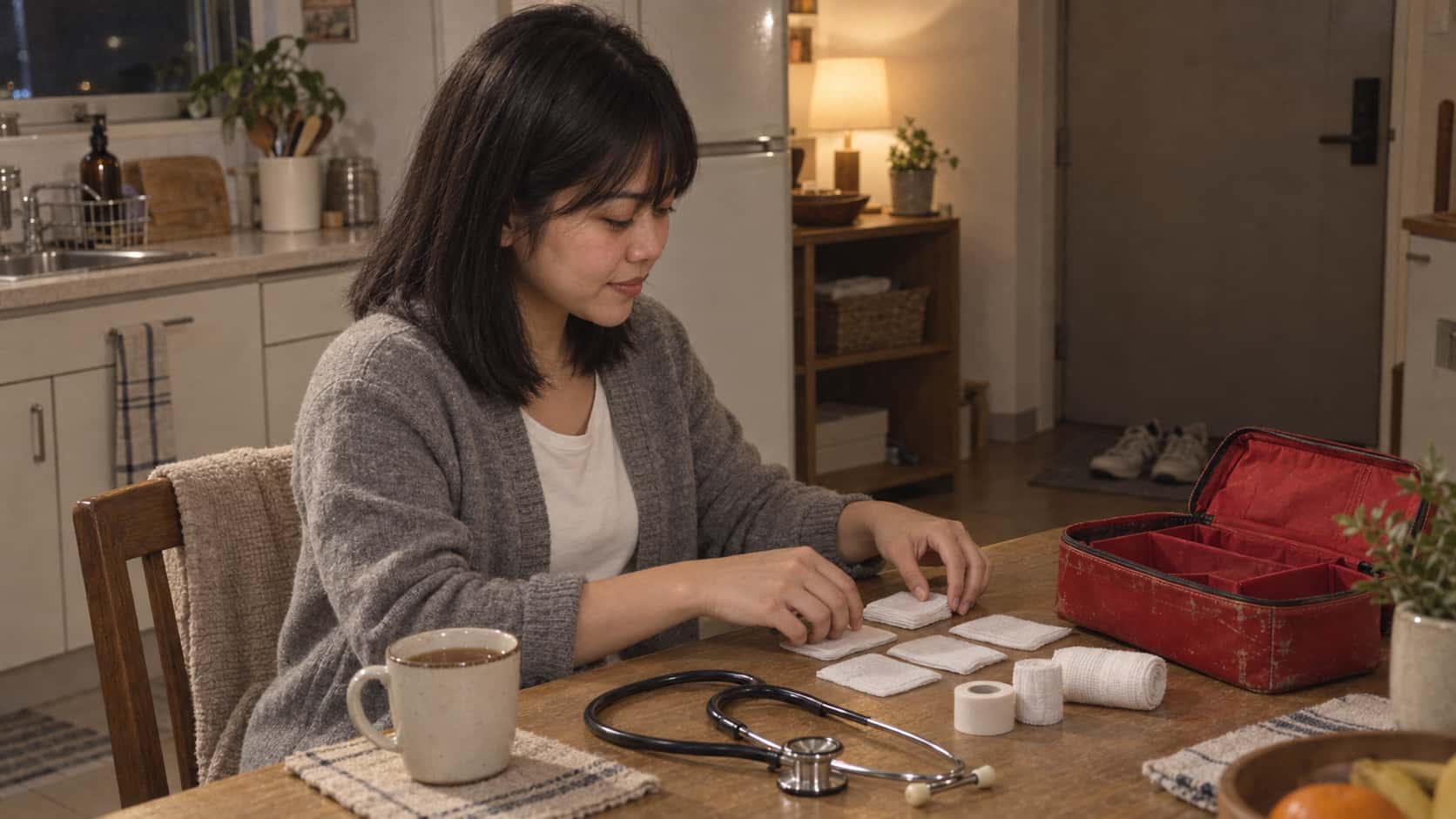 A petite woman with a dark fringe in a grey cardigan sits at a small kitchen table laying out a row of dressings and a stethoscope from a battered open red first-aid care kit beside a cup of tea with a tired but content look in soft lamplight.