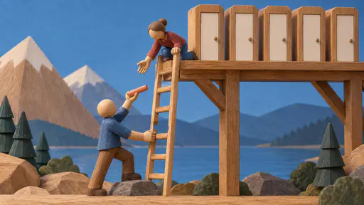 Wood-and-paper set photograph of five small door-shaped blocks sharing a platform, a ladder with one central rung missing, and a helper carrying a single coral rung up while a small figure reaches down from above.