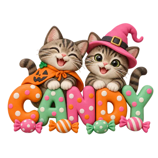 Two tabby kittens, one in a pumpkin cape and one in a pink witch hat, smile behind orange mint and pink CANDY letters and four wrapped sweets on transparency.