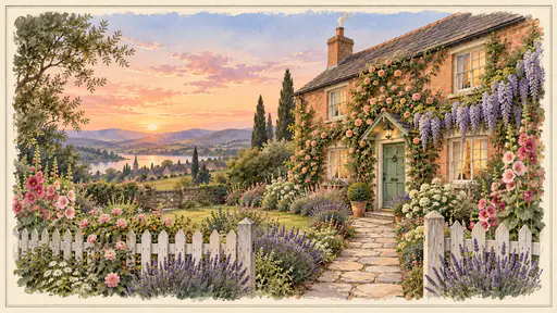 A cottage garden beside a small brick house with climbing roses, wisteria, lavender, hollyhocks and a picket fence in soft watercolor washes on cream paper.