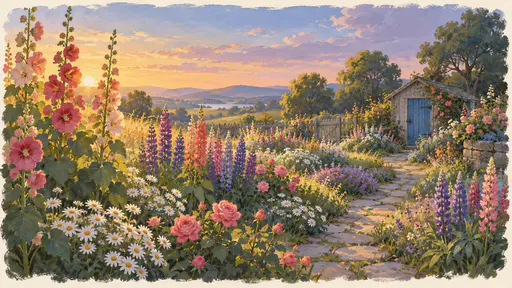 A cottage garden of hollyhocks, lupins, roses and daisies lines a winding stone path beside a low fence and a small shed under a lavender sunset sky in gouache.