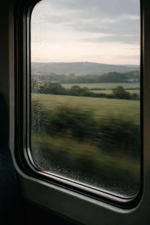 A vertical 2:3 photographic scene of countryside seen through a moving train window, composed for wallpaper or poster with cinematic motion blur, soft light and layered depth.