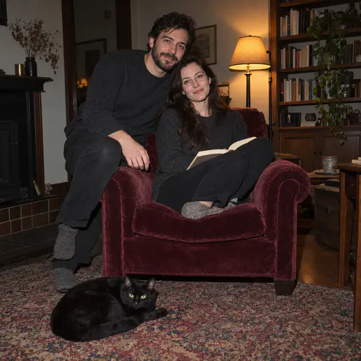 Couple Close Together in a Velvet Armchair With Cat