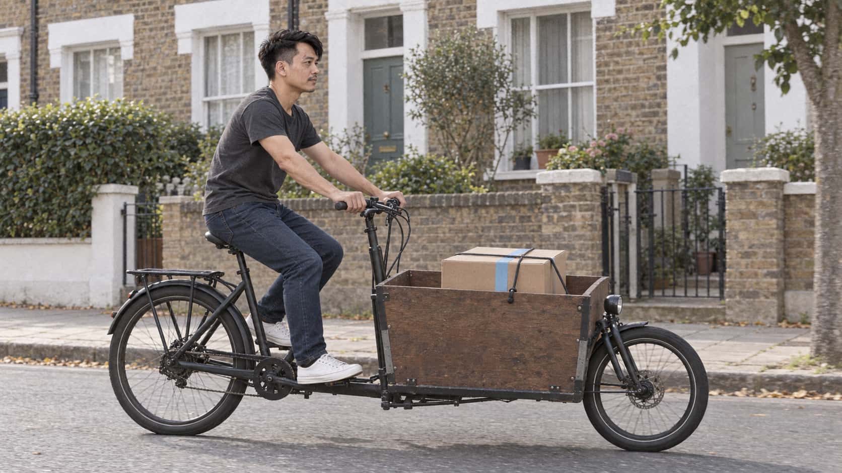 A wiry courier with swept black hair, a thin moustache and a charcoal t-shirt pedals a plain cargo bike down a sunlit street of terraced houses with a sealed medium brown parcel strapped in the wooden front box with an elastic cord.
