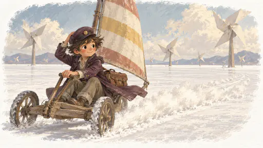 A lanky courier in a plum-coloured coat steers a small wooden sail-cart with a striped sail across a wide white salt flat dotted with giant paper windmills, one hand holding his cap, a satchel strapped behind him and a dust trail behind the cart.
