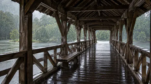 A covered timber footbridge over a calm river in soft grey rain light has a long open walkway down the middle and a dry plank bench beside the rail halfway across with rain falling outside the open sides and the far bank visible as a green line.
