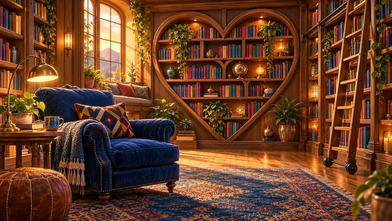 A cozy reading room has an armchair with blue and patterned cushions, a heart shaped framed shelf of colorful books on the back wall, floor to ceiling bookshelves, a lamp, a ladder and a rug.