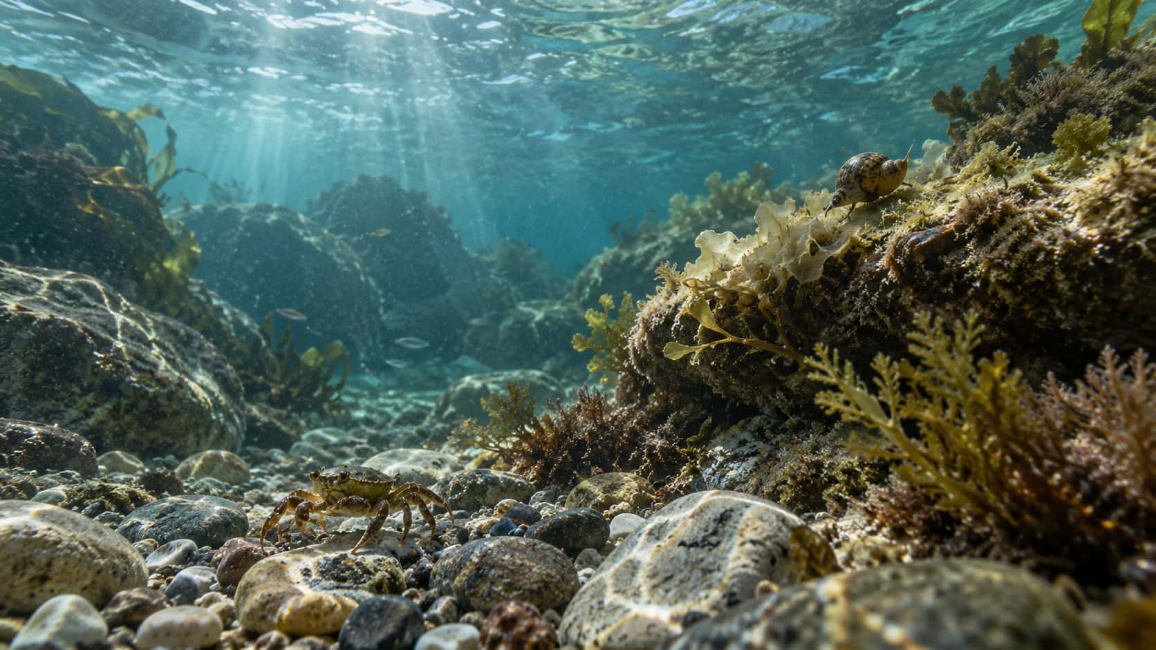 A small crab walks across the pebble bed near the bottom of a granite tide pool while a sea snail climbs the pale weed shelf at mid-depth, both small in frame, soft sunlight shafts rippling in the water behind them.