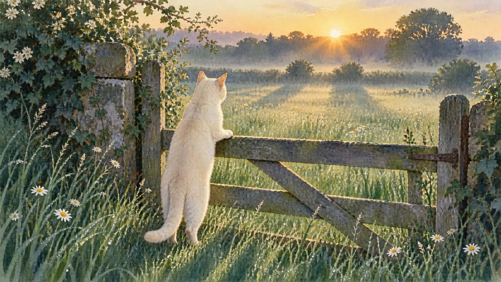 An adult cream cat stands with its front paws on a garden gate at dawn looking over a dewy meadow toward a tree line with daisies in watercolor.