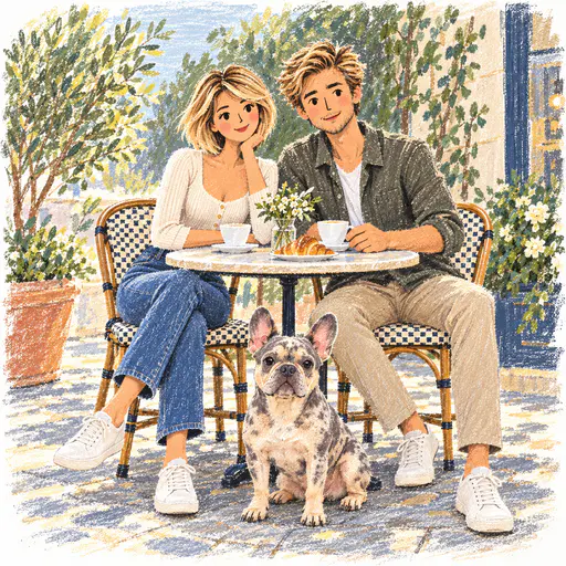 Soft pastel illustration of a couple and their French bulldog at a café table in cream and denim tones.