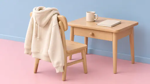 A plain cream hoodie is draped over the back of a small wooden chair with one sleeve hanging beside a tiny desk with a mug on a pastel pink floor in a cute collectible render.