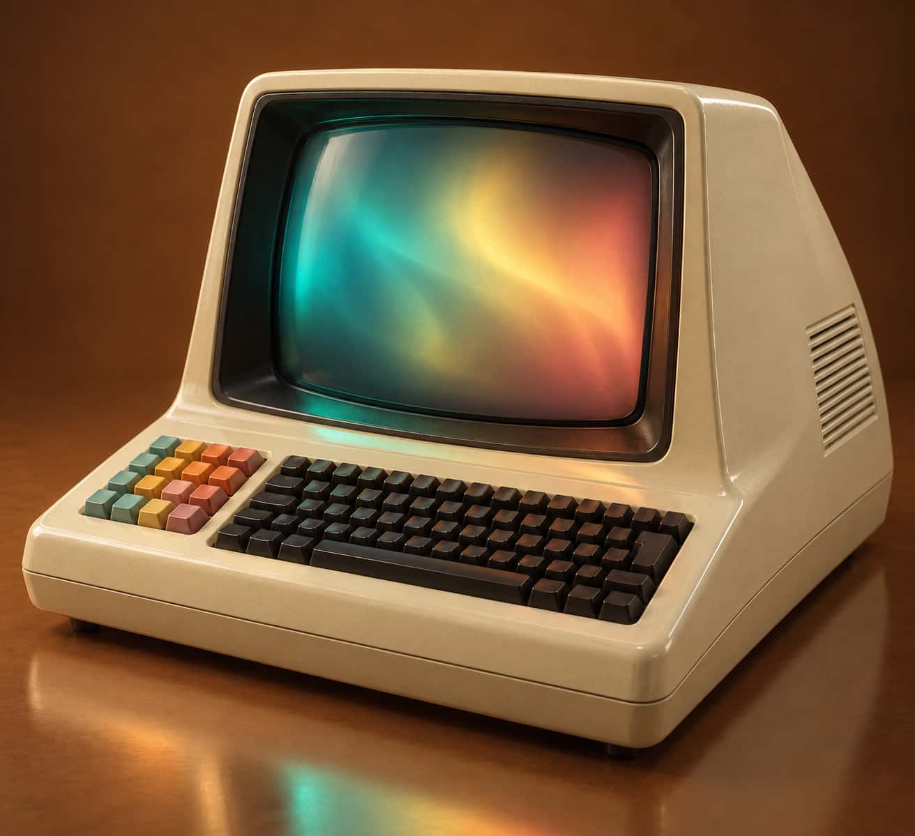Three-quarter studio shot of a cream 1970s-style terminal that never existed, CRT glowing with an abstract aurora, candy keys, umber background.