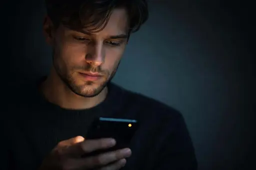 Close-up portrait of a creator staring at a phone, photographed with low notification glow and intimate low-key lighting for a social-post hero image.