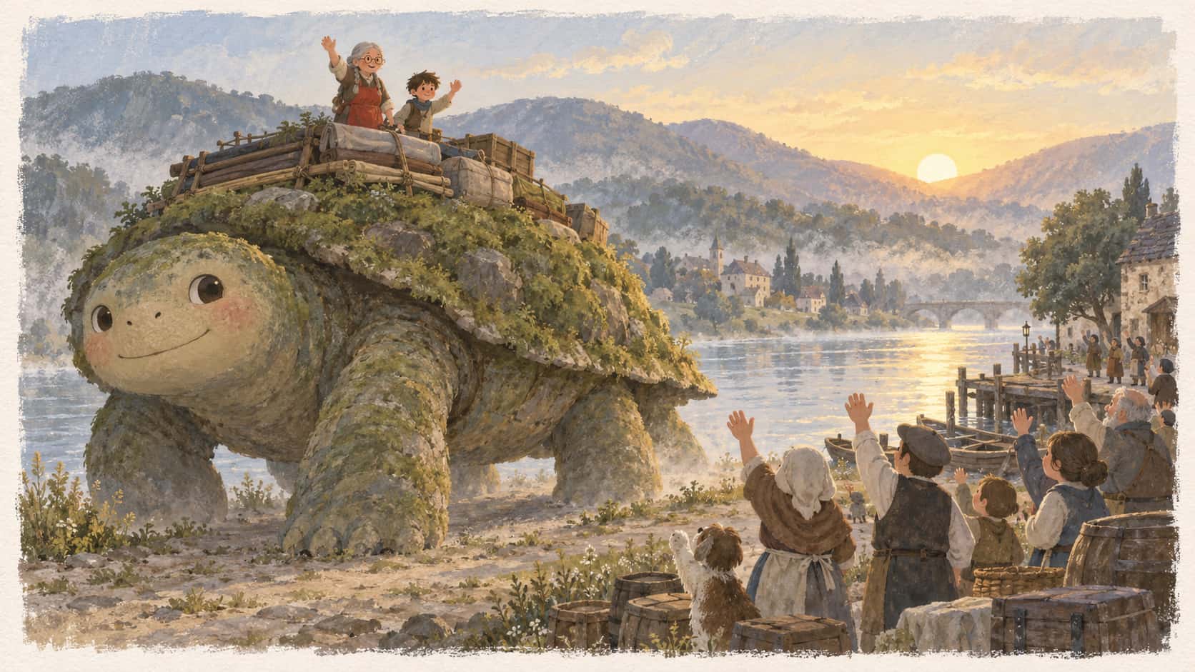 A vast gentle moss-backed creature rises and walks away along a river at dawn with its stalls folded flat on its shell and bundles tied down while a grey-braided stallholder in a red apron and an apprentice boy in a green cap wave goodbye to villagers on the bank under a pale gold sun.