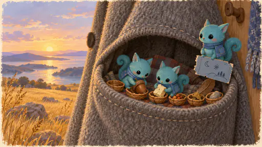 Two thumb-sized turquoise creatures roll an acorn and a bread crumb into a row of walnut-shell bowls inside the deep stitched pocket of a hanging grey wool coat while a third stands guard on a folded ticket stub.