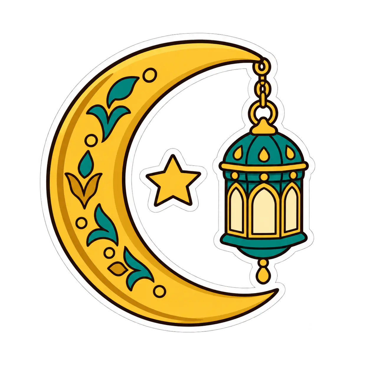 A flat cartoon sticker with a white outline on a transparent background showing a golden crescent moon, a small star and a hanging teal and gold lantern.