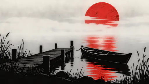 A still lake has a wooden rowing boat tied to a short dock with reeds along the shore under drifting fog and a vivid crimson sun low behind the fog in black, red and white.