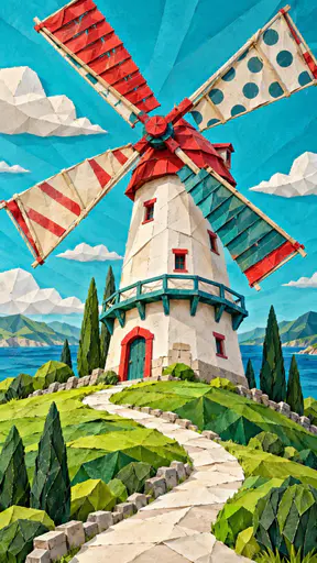 A whimsical windmill has blades that are a collage of painted wood, patterned fabric sails and rope and stands on a green hill with a winding path and a bright sky.