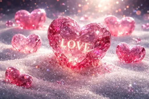 Wide 3:2 landscape of giant ruby and rose-quartz heart-shaped rock candies embedded in a sparkling sugar field with the word LOVE etched and softly glowing.