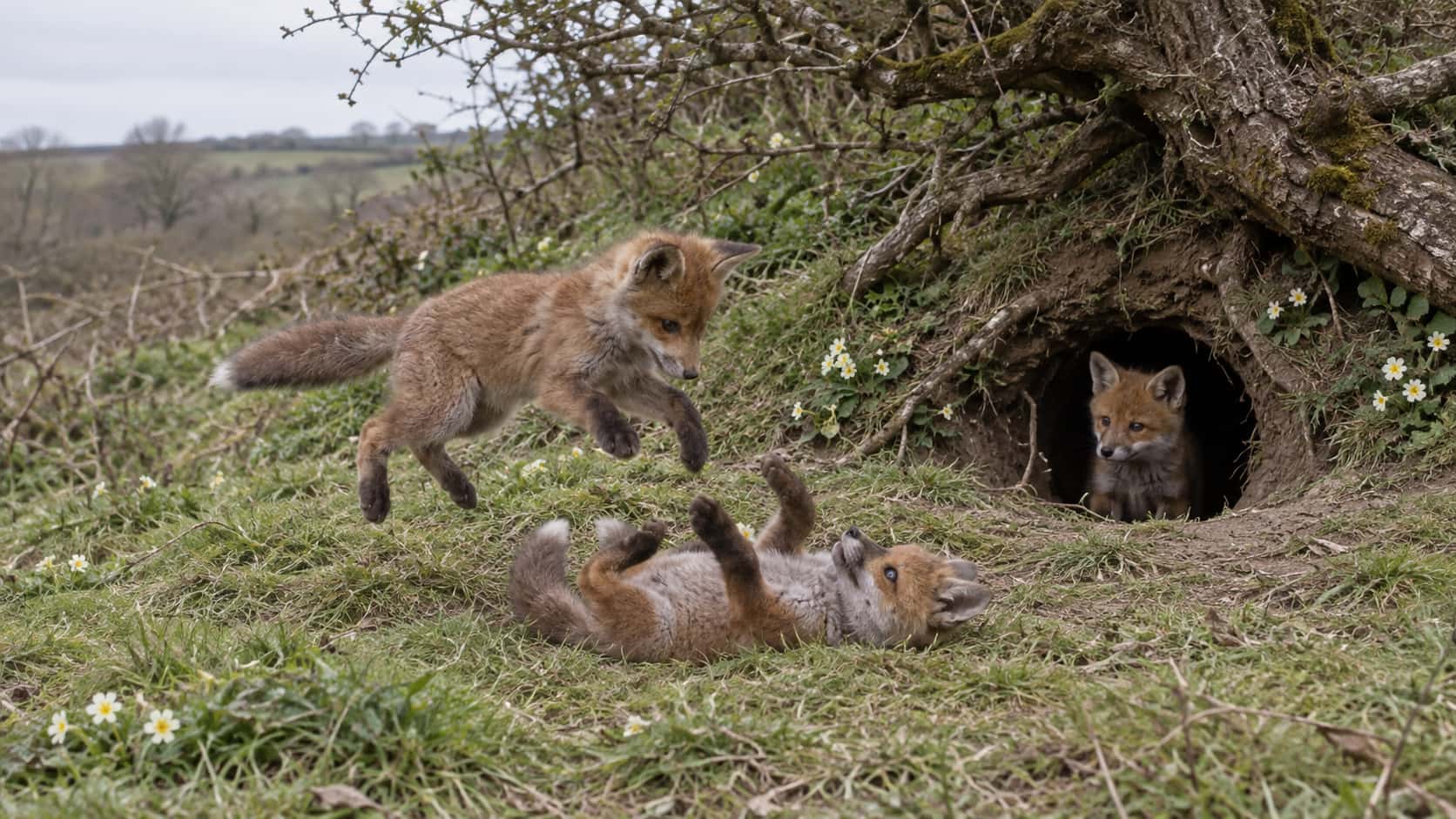 Two fox cubs tumble and pounce on each other on flattened grass in front of an earth on a grassy bank, one mid-leap and the other rolling on its back with its paws up while a third cub watches from the entrance in warm afternoon light.