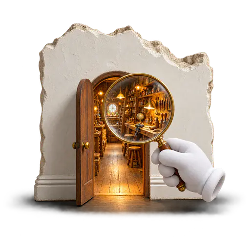 Curiosity opens small doors: a classic cartoon glove holds a brass magnifying glass before a tiny ajar door at the base of a plain wall fragment, and through the lens a vast amber-lit miniature workshop with continuous floorboards recedes far inside. Investigation reveals possibilities that are easy to overlook.