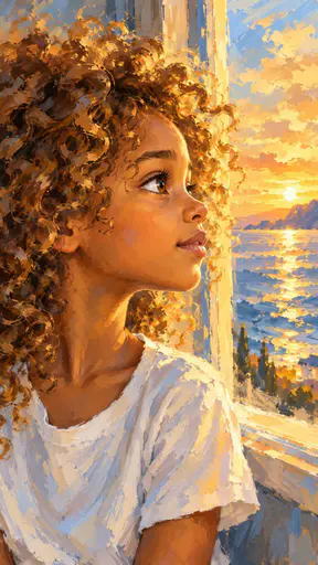 A child with voluminous golden brown curls turns in profile toward a window with a golden sunset over water behind, in loose ochre and blue gouache strokes.