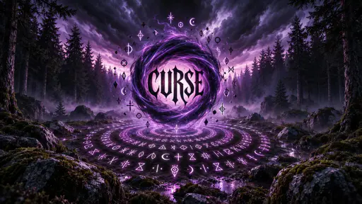 Five black gothic letters spell CURSE inside a hovering purple vortex in a forest clearing. Invented glowing magical symbols orbit it and form concentric rings on wet rocky ground. Dark conifers, mossy boulders, purple fog and storm clouds surround the portal.