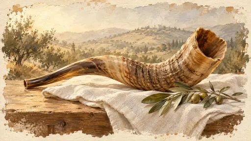 A large curved ram horn shofar rests on a folded white linen cloth on a wooden table beside an olive branch with faint hills behind in a dry brush mixed media style.