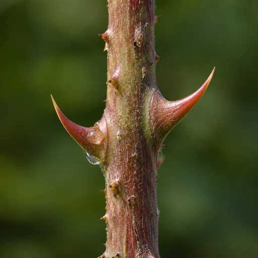 Two curved reddish green rose thorns stand on a woody stem with fine bark texture and a water drop at one thorn base in a macro photograph.