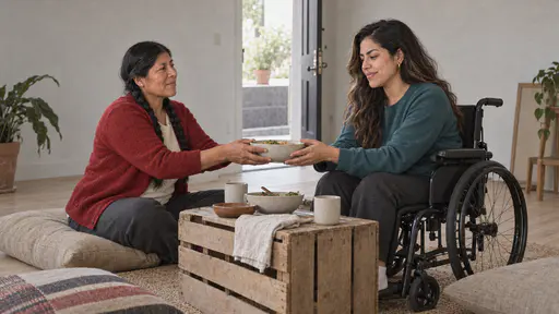 A sturdy woman in her mid forties with two long black braids sits on a large plain floor cushion handing a shared plain bowl to a wheelchair-using woman in her early thirties drawn up at a low crate table, plain cushions spread on the bare wooden floor in warm afternoon light.