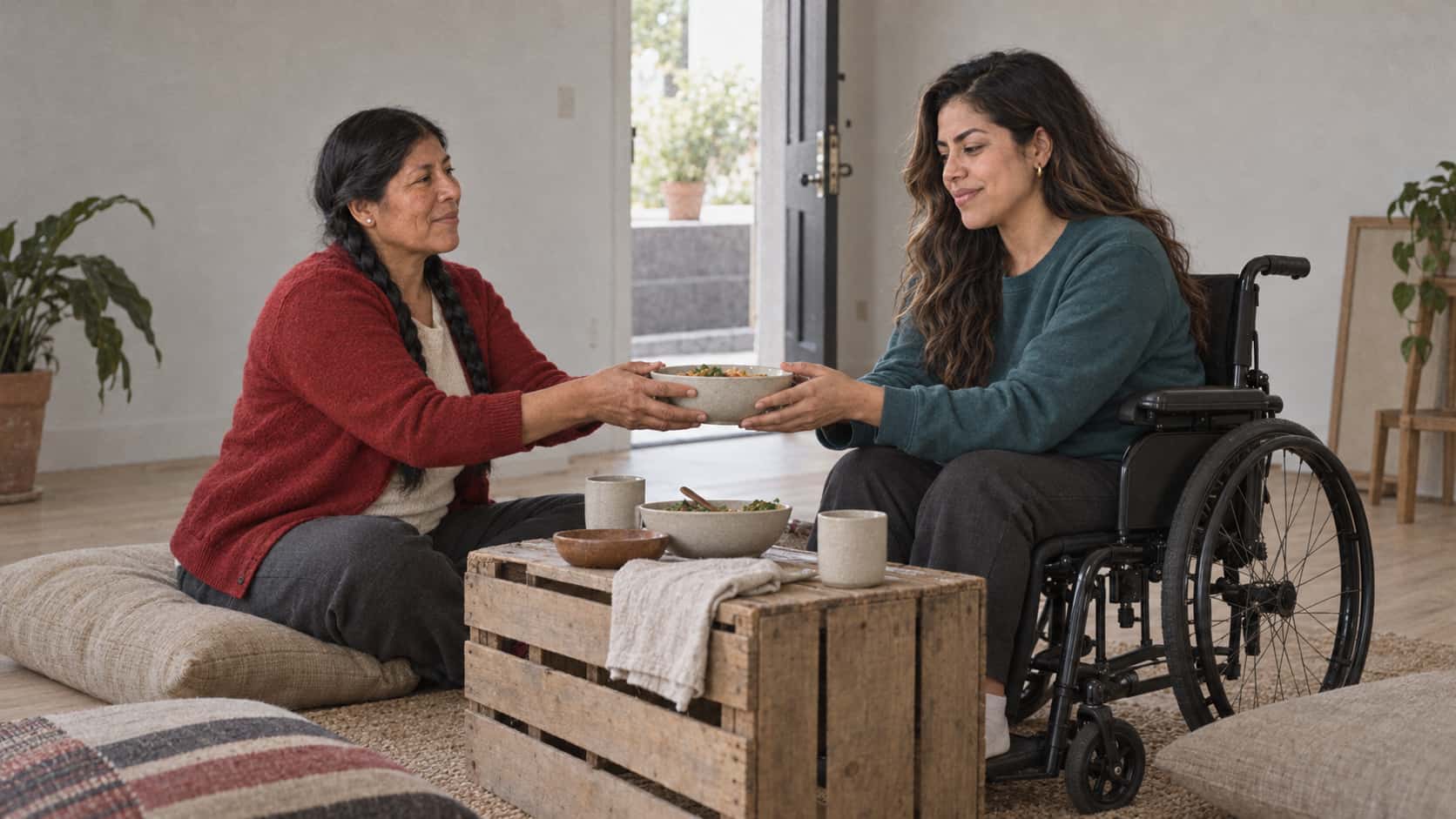 A sturdy woman in her mid forties with two long black braids sits on a large plain floor cushion handing a shared plain bowl to a wheelchair-using woman in her early thirties drawn up at a low crate table, plain cushions spread on the bare wooden floor in warm afternoon light.