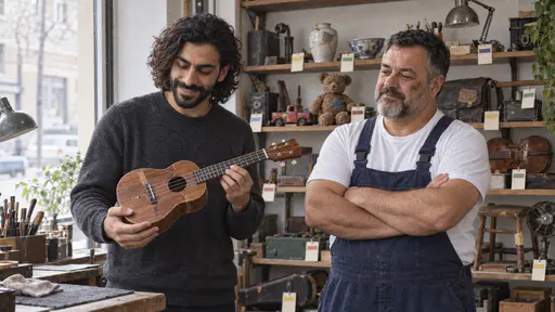 A slim bearded man with thick wavy black hair in a charcoal sweater holds a small mended wooden ukulele in both hands with a delighted look beside a stocky mender with a grey beard and folded arms who nods with satisfaction by a bright shop window.