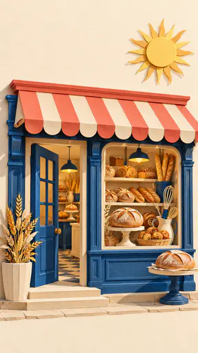 A small cut paper bakery storefront has a coral striped awning, an open deep blue door and a window of paper loaves with a wheat planter and a loaf on a stand under a butter yellow sun.