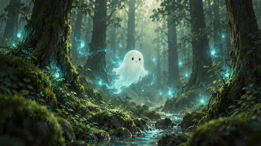 A cute white ghost with glowing cyan wisps in a dark forest.