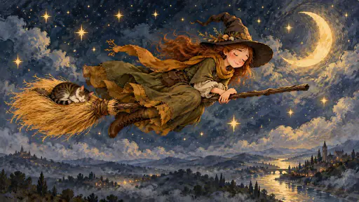 A cute witch in a pointed hat dozes off on her broomstick with her head tilted and eyes closed and her cat curled in the bristles drifting through a starry night sky past a crescent moon.