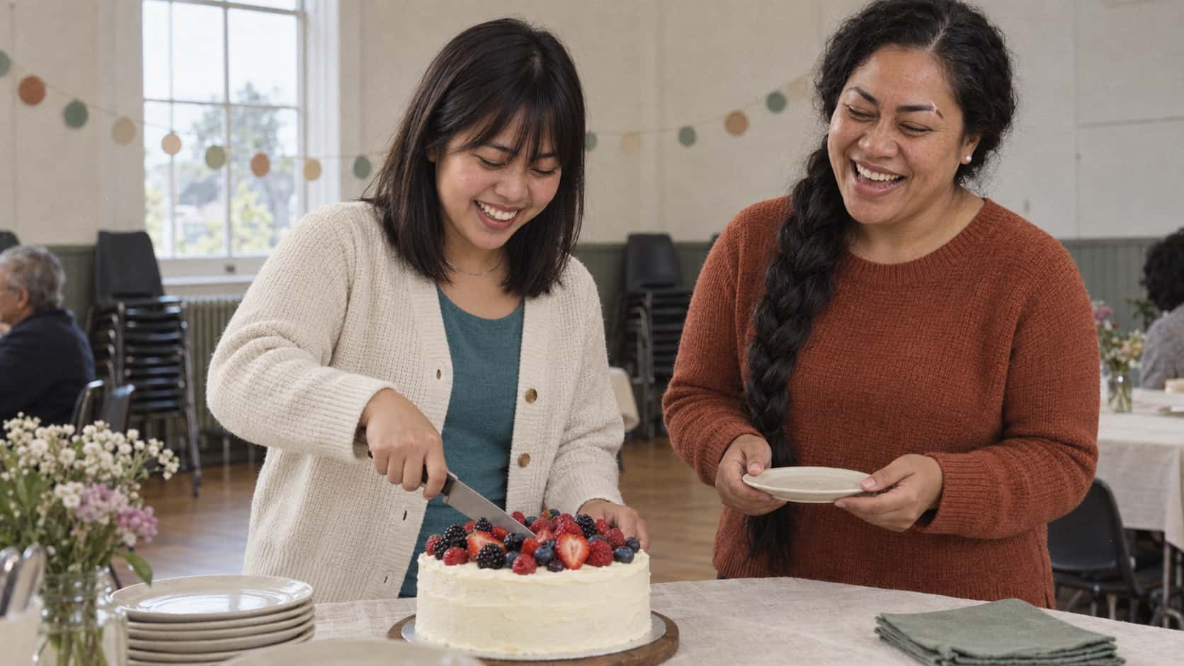 A young woman in a cream cardigan over a teal top cuts the first slice of a plain round cake topped with cream icing and berries while a woman in a rust-orange jumper holds a plate ready beside her, both laughing, in warm hall light.