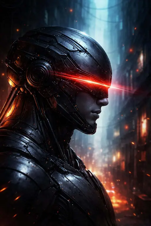 Close-up cybernetic portrait in a neon-noir city rendered as a dramatic digital painting for a poster-cover, preserving the original 2:3 portrait crop and composition guidance.