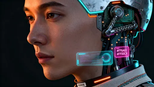 A 16:9 digital portrait of a female human-cyborg in profile, blending soft realism with exposed neon-lit robotics for a high-tech, dramatic mood.