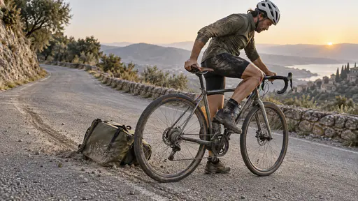 Getting back in the saddle: a dusty cyclist remounts a bicycle beside a fresh skid mark, one hand returning to the saddle, scraped pannier on the ground behind.