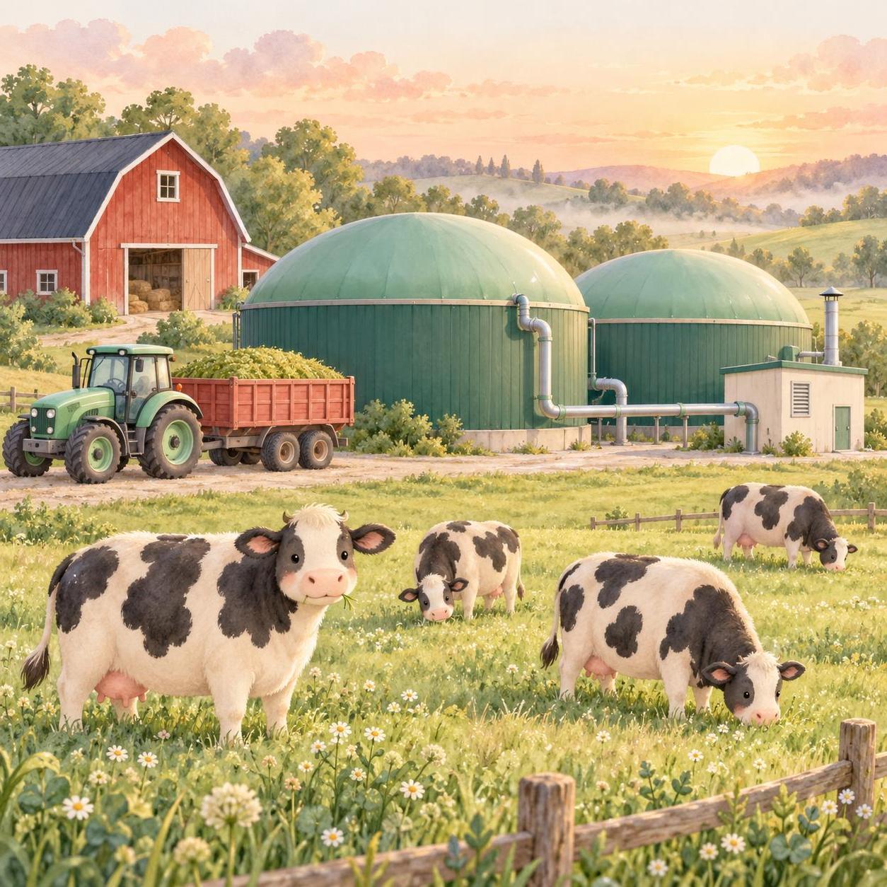 Two round domed biogas digesters on a dairy farm at dawn beside a red barn, with grazing cows, pipes to a small generator shed with a chimney, and a tractor.