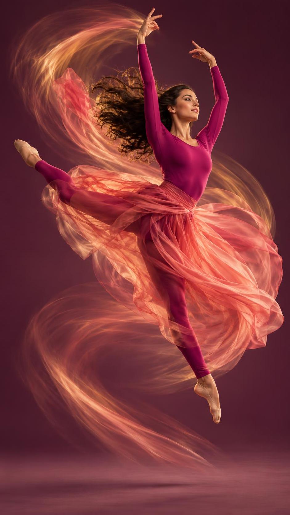 An adult dancer in a magenta unitard and sheer coral skirt leaps mid pirouette with silky spiralling motion streaks on a seamless matte warm plum backdrop.