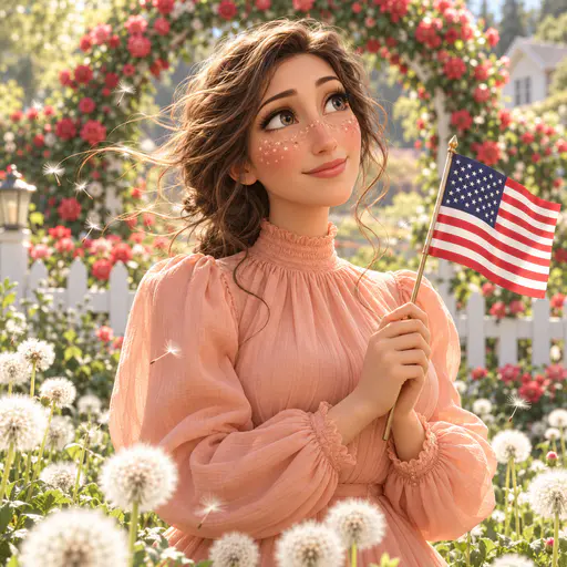 An adult woman in a high neck puff sleeve blouse holds a small hand flag among drifting dandelion seeds in a sunny garden with a white picket fence and a rose arch behind her.
