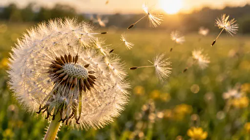 A round dandelion seed head releases its parachute seeds that lift off and float away on a breeze above a meadow with the bare centre of the head showing and the fine filaments glowing in low golden evening light.