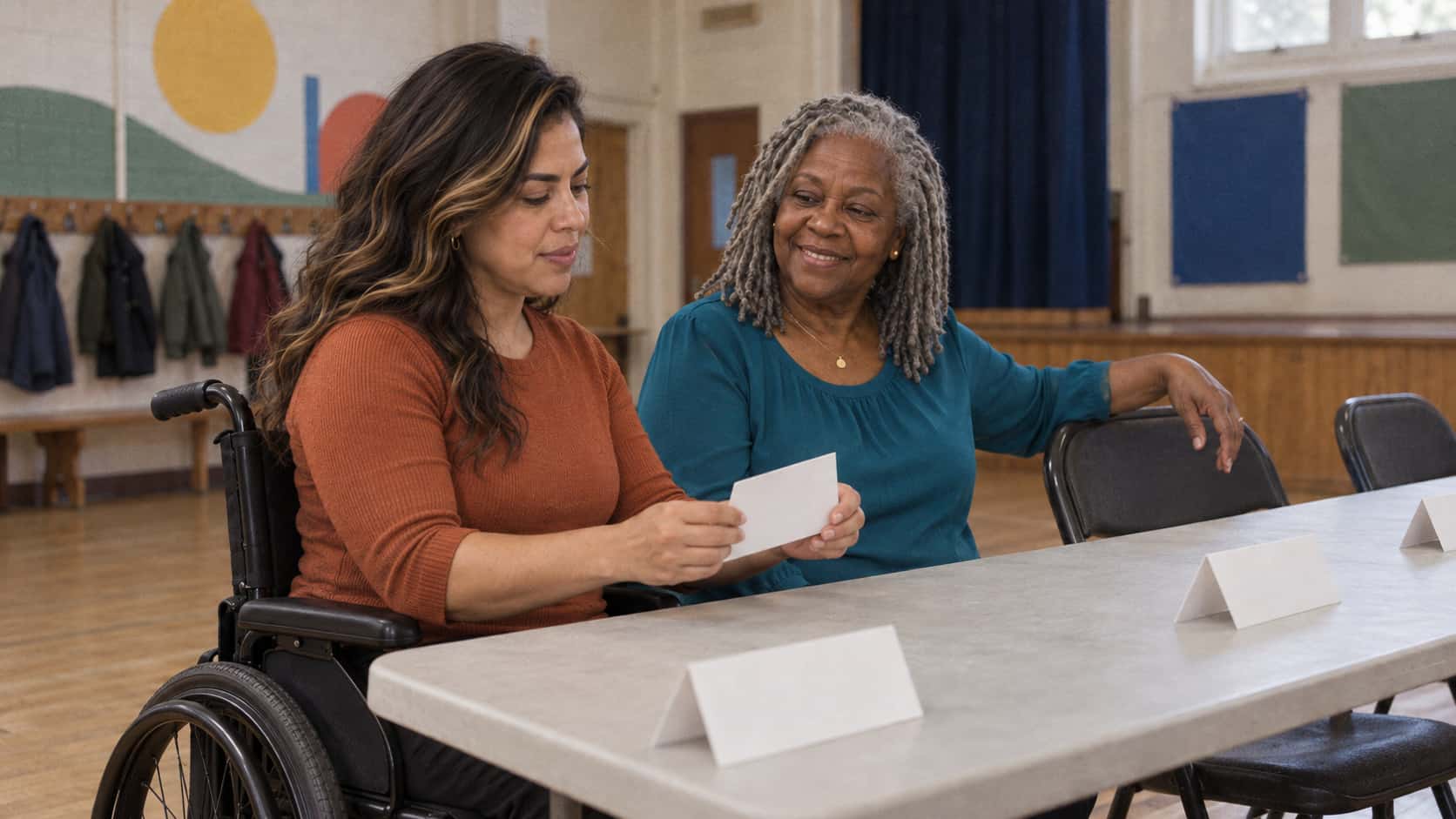 A woman with long dark wavy hair in a plain black manual wheelchair turns a blank folded name card in both hands beside a full-figured woman with silver locs in a teal blouse who rests a hand on an empty chair at a long folding table in warm light.